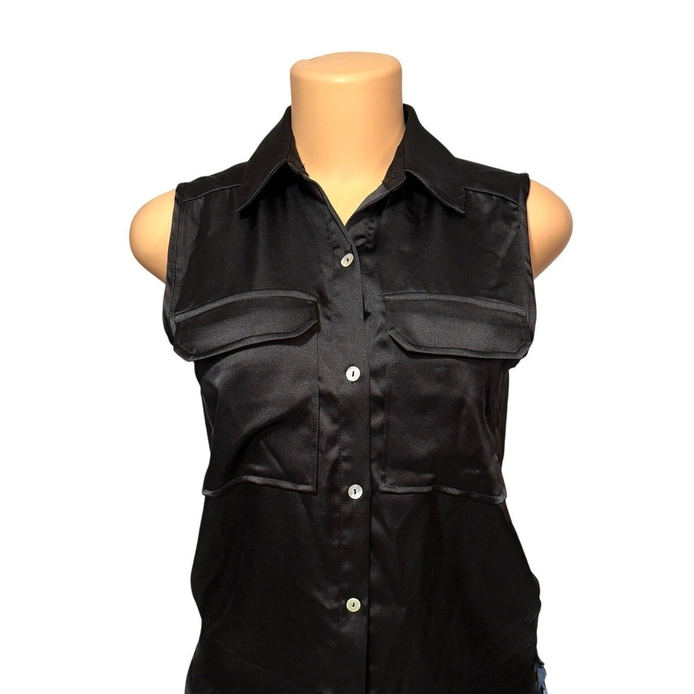 Nicole Miller New York Black Sleeveless‎ Button Up Utility Shirt Women XS